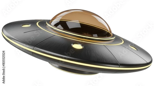 Fototapeta Sleek metallic UFO PNG isolated on transparent background, futuristic flying saucer with glowing lights for sci-fi concepts