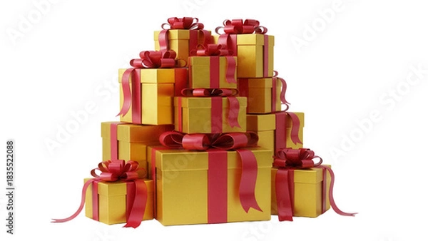 Fototapeta Stack of golden gift boxes with red ribbons isolated PNG, presents for Christmas, birthday or other holidays on transparent background