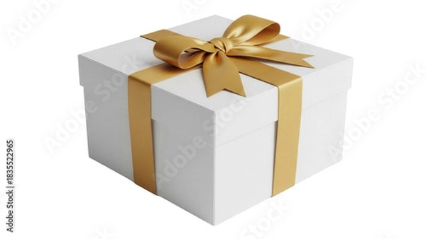 Fototapeta Elegant white gift box with golden ribbon and bow isolated PNG, present for special occasions and holidays on transparent background
