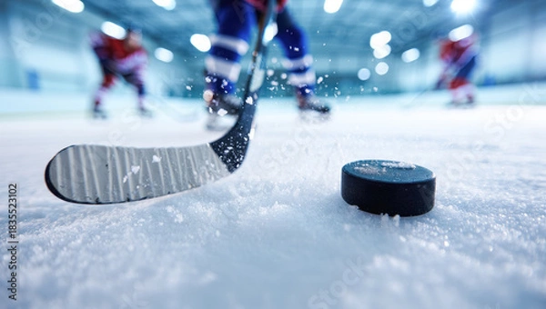 Fototapeta Close-up of a hockey stick striking a puck on snowy ice with sharp flying ice particles, dynamic motion blur, and players in colorful uniforms skating in the background
