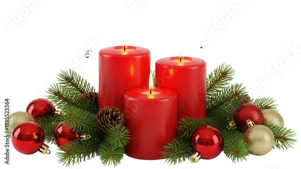 Fototapeta Festive red Christmas candles isolated PNG, adorned with pine branches, pinecones, and ornaments for holiday decorations on transparent background