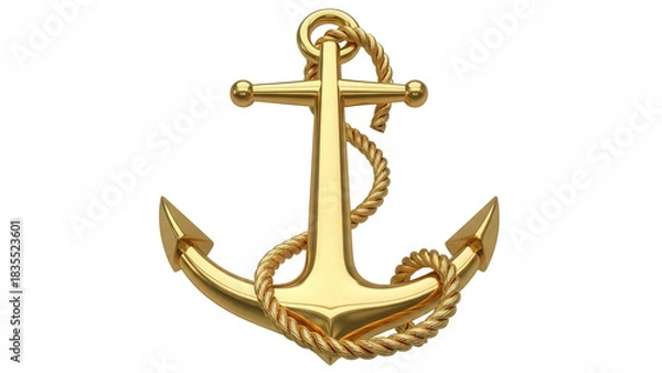 Fototapeta Golden anchor with rope PNG isolated on transparent background, nautical symbol for maritime and seafaring themes