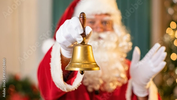 Fototapeta Santa Claus in white gloves ringing a shiny golden bell close to the camera, with soft festive bokeh and warm holiday lighting creating a cheerful Christmas atmosphere