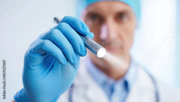 Fototapeta A doctor wearing blue medical gloves holds a bright examination light toward the viewer, with the background softly blurred to emphasize the clinical, sterile atmosphere