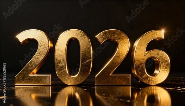 Fototapeta Bright, Textured Gold Numbers Forming the Year 2026 on a Dark Background