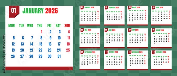 Fototapeta 2026 calendar year grid with individual monthly pages isolated on transparent background