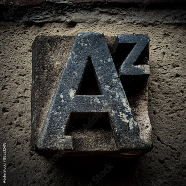 Obraz A powerful carved stone letter “AZ” logo with rough texture and dramatic lighting.
