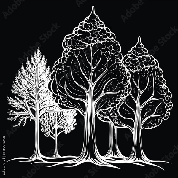 Fototapeta Adobe Illustrator Artwork CAD Drawings. Minimal style cad tree line side view, set of graphics trees elements outline symbol for architecture and landscape design drawing. Vector illustration

