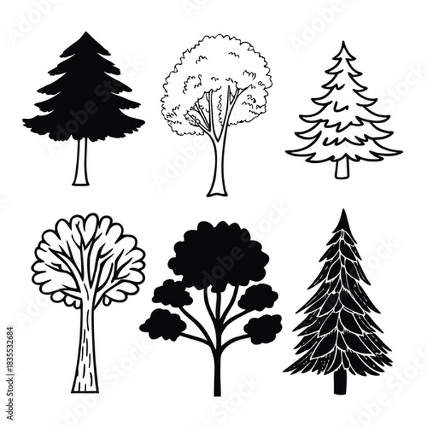 Fototapeta Adobe Illustrator Artwork CAD Drawings. Minimal style cad tree line side view, set of graphics trees elements outline symbol for architecture and landscape design drawing. Vector illustration
