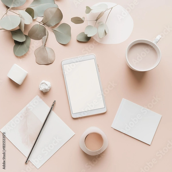 Obraz Minimal Neutral Desk Workspace Flat Lay