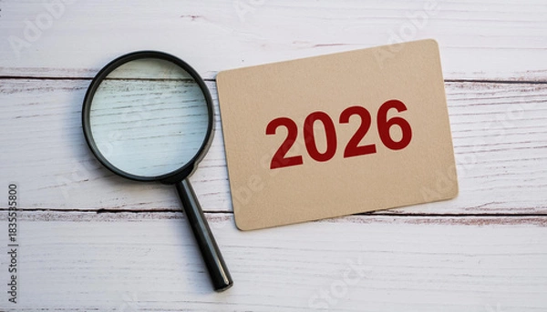 Obraz Magnifying Glass Focusing on Red 2026 Text on Cardboard Paper for Future Planning or Forecast Concept