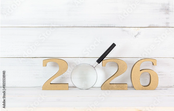 Obraz 2026 New Year Goals Concept with Dartboard Target in Center Magnified Focus: New Year Concept with Magnifying Glass
