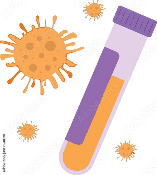 Fototapeta Illustration of a test tube with orange liquid and purple cap, surrounded by stylized orange virus particles on a white background.