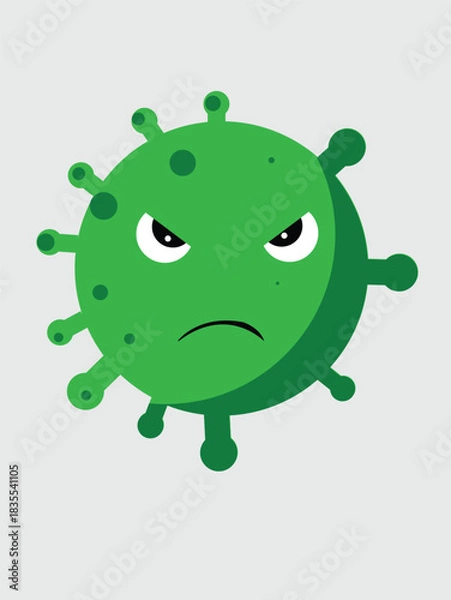Fototapeta Cartoon illustration of a green virus with an angry expression, featuring spikes and spots on a light gray background.