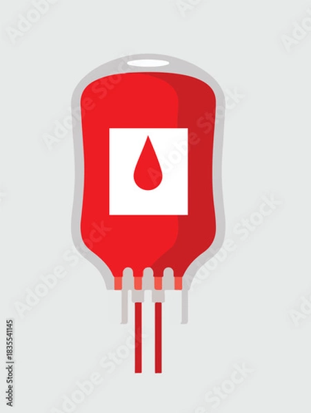Fototapeta Illustration of a blood bag filled with red blood and marked with a blood drop symbol, isolated on a gray background.