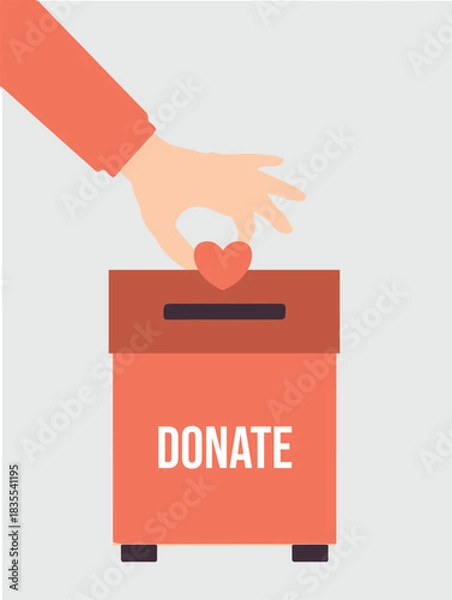 Fototapeta A hand places a heart into a donation box with the word "DONATE" on it, symbolizing charity and giving.