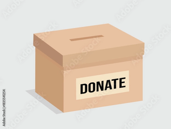 Fototapeta A simple, closed cardboard donation box with a slot on top and the word "DONATE" printed on a label on the front.