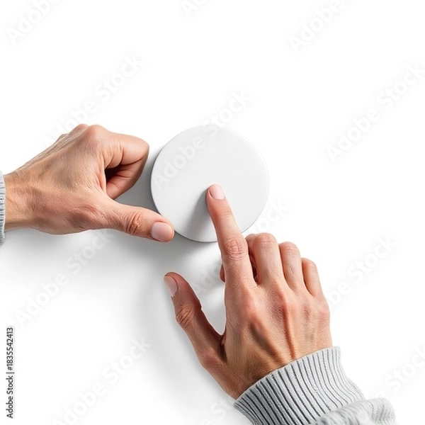 Fototapeta White smart home button control finger pressing iot device automation technology concept minimalist design