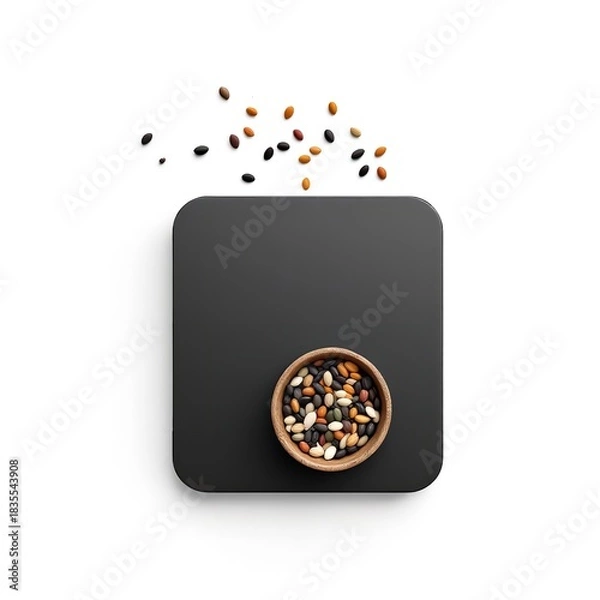 Fototapeta Colorful seeds in wooden bowl on black surface top view flat lay food photography still life minimalist composition