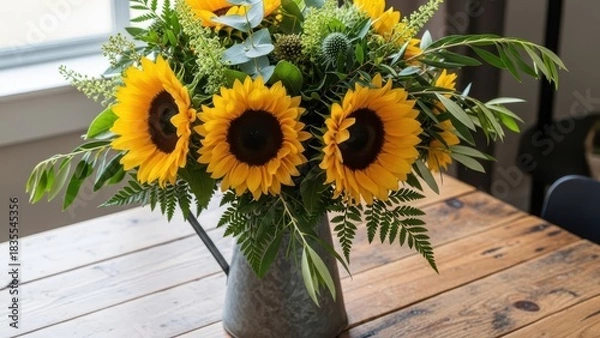 Fototapeta A vibrant bouquet of bright yellow sunflowers and lush green foliage arranged in a rustic metal pitcher on a wooden table