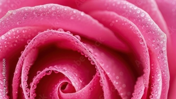 Fototapeta Close up of a vibrant pink rose bloom covered in tiny, glistening water droplets after a gentle rain or morning dew