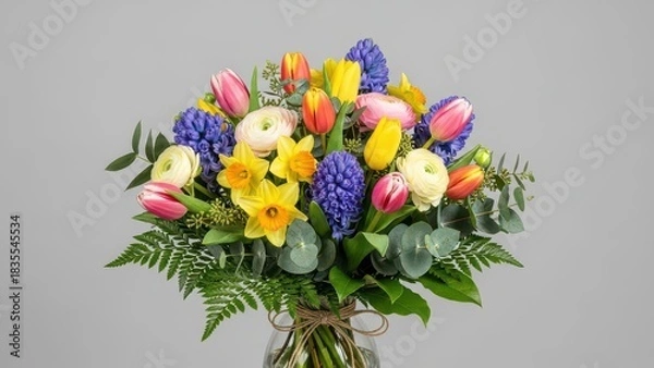Fototapeta Vibrant spring bouquet featuring colorful tulips, bright yellow daffodils, and deep blue hyacinths with lush green foliage