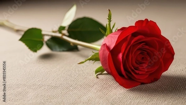 Fototapeta A single, vibrant red rose with dew drops rests delicately on a textured beige surface, symbolizing deep affection and romance