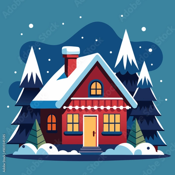 Fototapeta Snowy cottage vector winter house silhouette design with trees and snowflakes