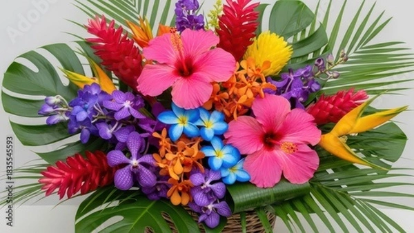 Fototapeta Vibrant tropical flower arrangement featuring pink hibiscus, red ginger, blue orchids, and lush green foliage in a basket