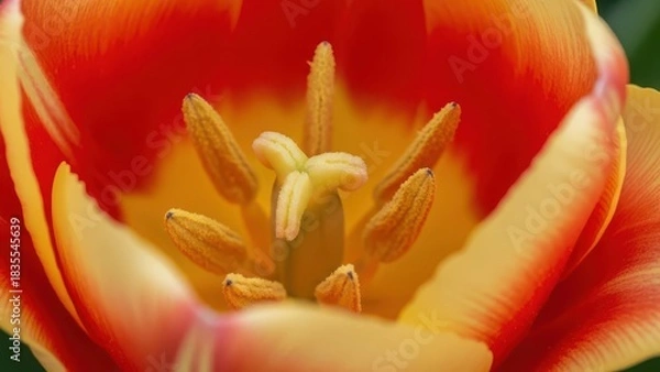 Fototapeta Macro closeup view inside a vibrant red and yellow tulip flower showing the delicate stamen and pistil structure clearly