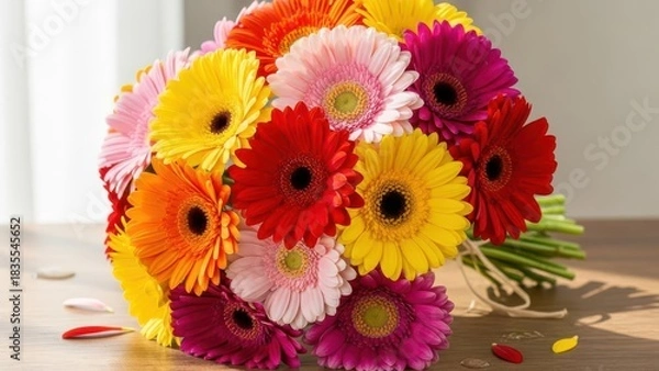 Fototapeta Vibrant bouquet of multicolored gerbera daisies with bright petals resting on a wooden surface indoors