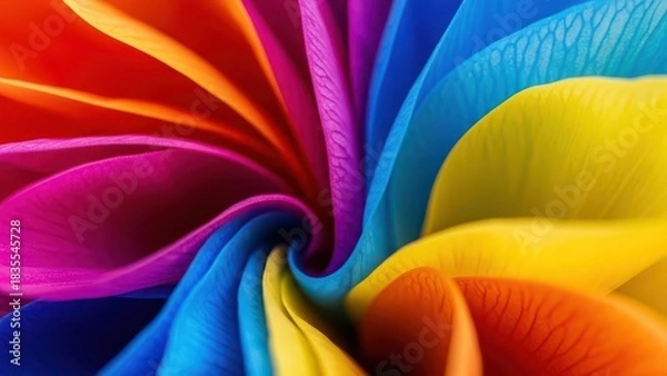 Fototapeta Vibrant swirl of rainbow colored fabric petals creating a mesmerizing abstract pattern with intense saturation and depth