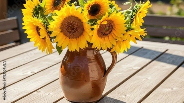Fototapeta A vibrant bouquet of bright yellow sunflowers displayed in a rustic brown ceramic pitcher on a wooden table