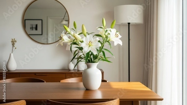 Fototapeta Elegant white lily bouquet centerpiece on a polished wooden dining table in a bright, modern room setting
