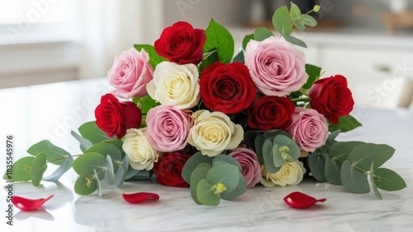 Fototapeta A beautiful bouquet of mixed red, pink, and white roses with green eucalyptus leaves on a white surface