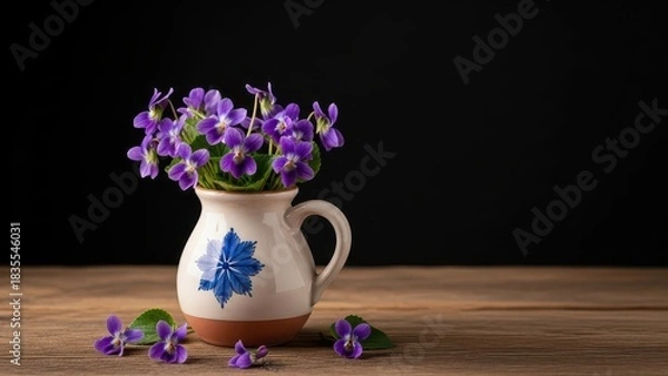 Fototapeta A small white ceramic pitcher with a blue floral design holds vibrant purple violets on a rustic wooden surface against a dark background