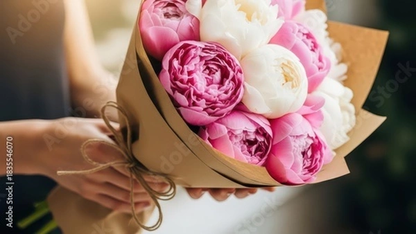 Fototapeta A person holding a beautiful bouquet of pink and white peonies wrapped in brown paper with a simple string bow