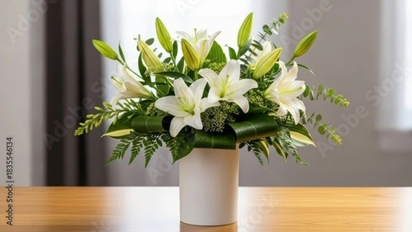Fototapeta Elegant arrangement of white lilies and lush green foliage presented in a simple white vase on a wooden table