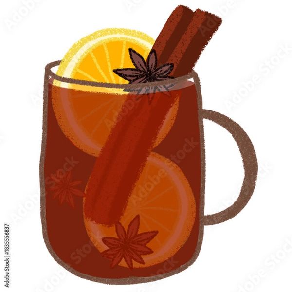 Fototapeta Mulled wine illustration isolated on transparent background with aromatic spices, citrus slices, Christmas drink
