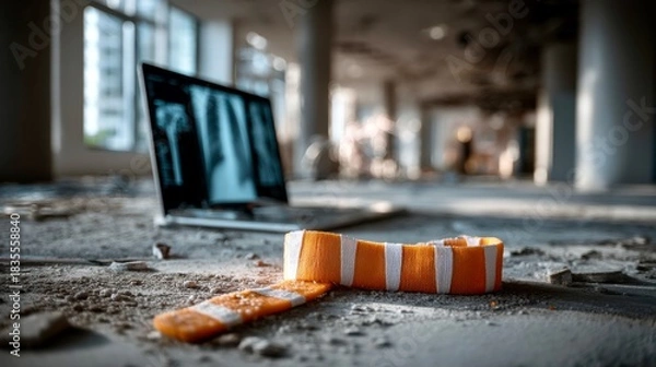 Fototapeta Abandoned office space with a laptop and safety hazard tape on the floor