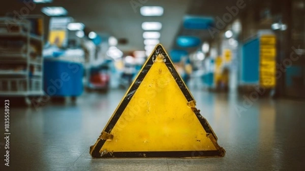 Fototapeta Caution sign placed on the floor in a hospital corridor warning about wet surfaces or hazards in a busy healthcare environment