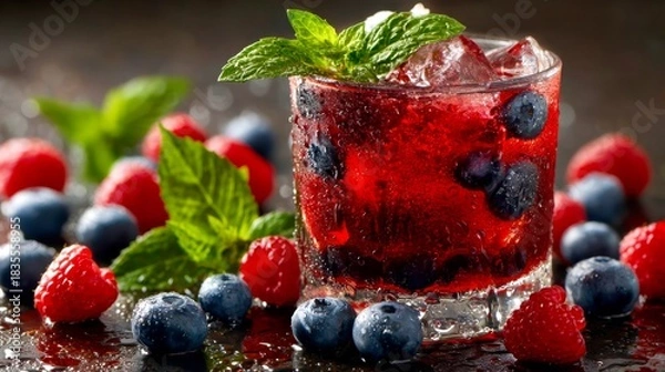 Fototapeta Refreshing summer cocktail with berries and mint served in a glass on a dark background