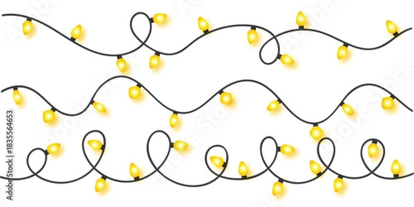 Fototapeta Three strings of yellow christmas lights on black cords against a white background in a flat lay style vector
