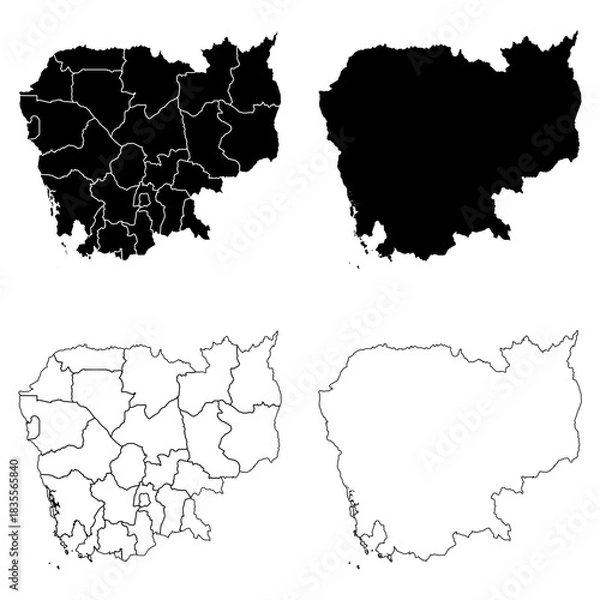 Obraz Cambodia Outline and Solid Fill Map Set.