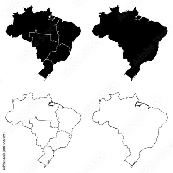 Obraz Brazil Region Outline and Solid Fill Map Set.