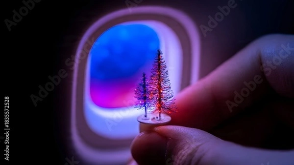 Fototapeta A traveler's hand delicately holds a pair of miniature, glowing Christmas trees against the vibrant, blurred night sky visible through an airplane window, symbolizing holiday travel.