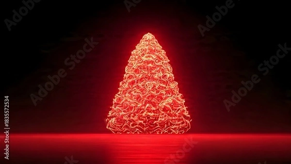Fototapeta A stunning 3D-rendered digital Christmas tree glows brilliantly in deep red, reflecting on a dark wet-look floor. This futuristic abstract holiday concept evokes a dramatic modern.