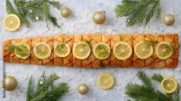 Fototapeta Elegant baked salmon fillet topped with fresh lemon slices and dill, presented on a bed of crushed ice. Surrounded by pine branches and festive gold Christmas ornaments.