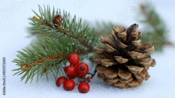 Fototapeta Christmas pinecone and vibrant red berries resting on fresh white snow, next to a detailed green fir tree branch with needles and small pine bud, capturing a peaceful rustic winter holiday scene.
