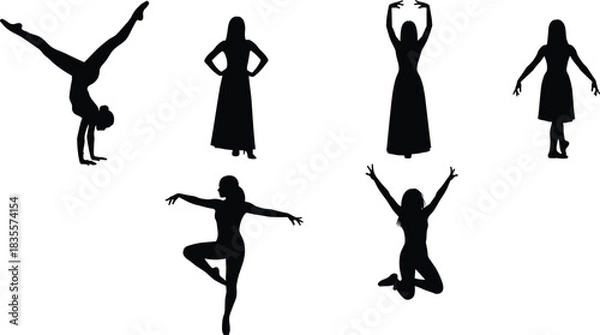 Fototapeta Diverse Set of Dance Silhouettes, Featuring Female Figures in Dynamic Ballet, Modern, and Performance Poses with Flowing Hair and Dresses on White Background.